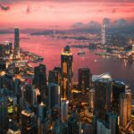 aerial view of city buildings during night time